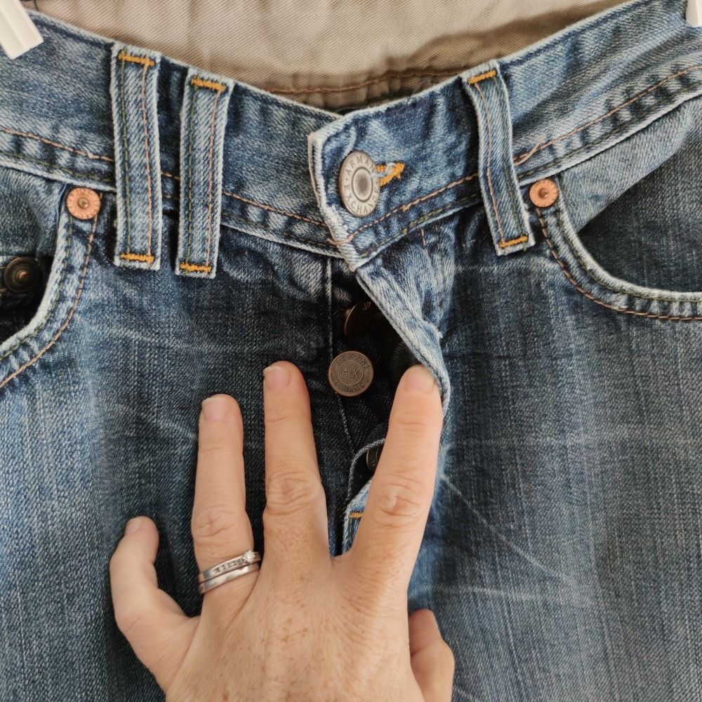 Armani Exchange Loose Straight Denim Jeans Stain Indigo Button Distress‎ 29 X30" - Picture 3 of 10